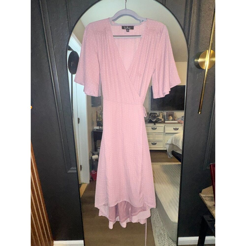 Lulus Pink White Polka Dot Wrap Midi Maxi Dress Flutter Sleeve